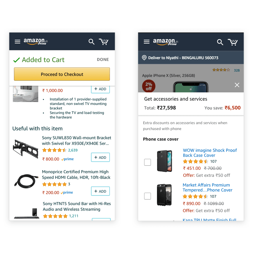 Concept: from today's scattered cross-sell to a single 'get accessories and services' moment with total savings shown