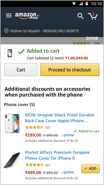 Phase 1: after Add to Cart, additional discounts on compatible accessories appear for the phone