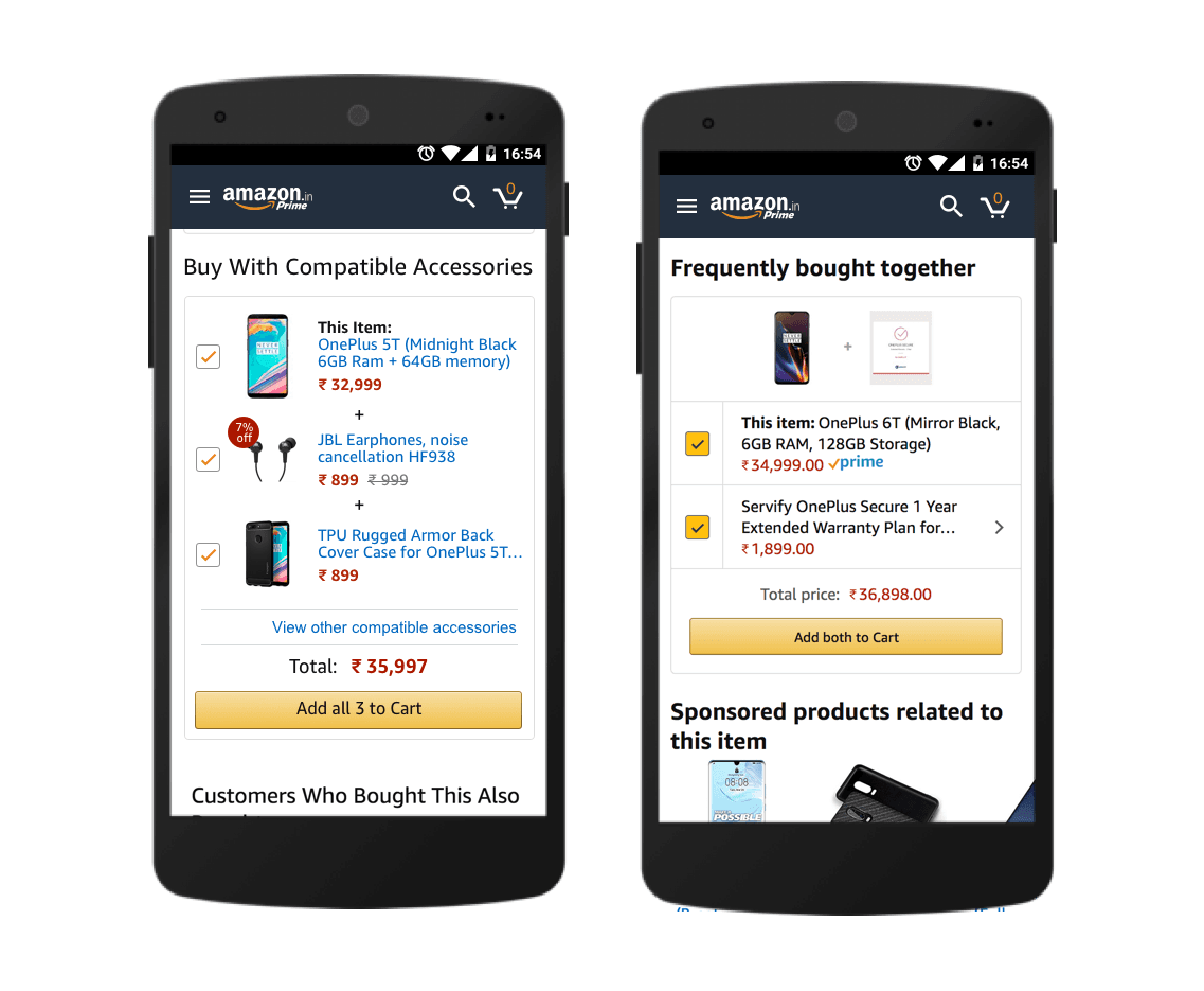 Today's scattered discovery: a 'Buy With Compatible Accessories' bundle screen beside a 'Frequently bought together' widget