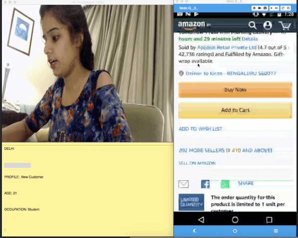 A moderated customer research session: a participant on a video call beside a screen-share of the Amazon mobile detail page