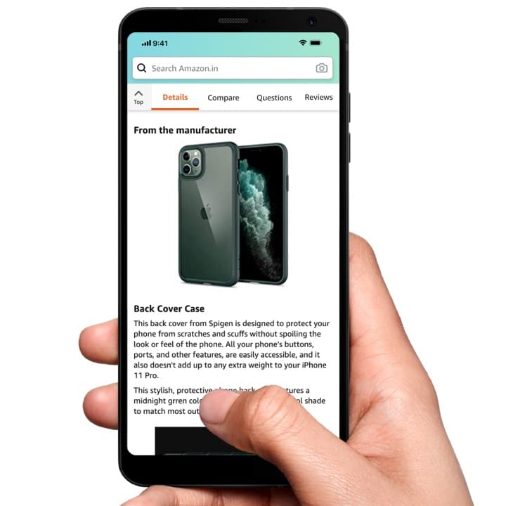 Experiment 3, a customer holding a phone showing the sticky sub-navigation on the detail page