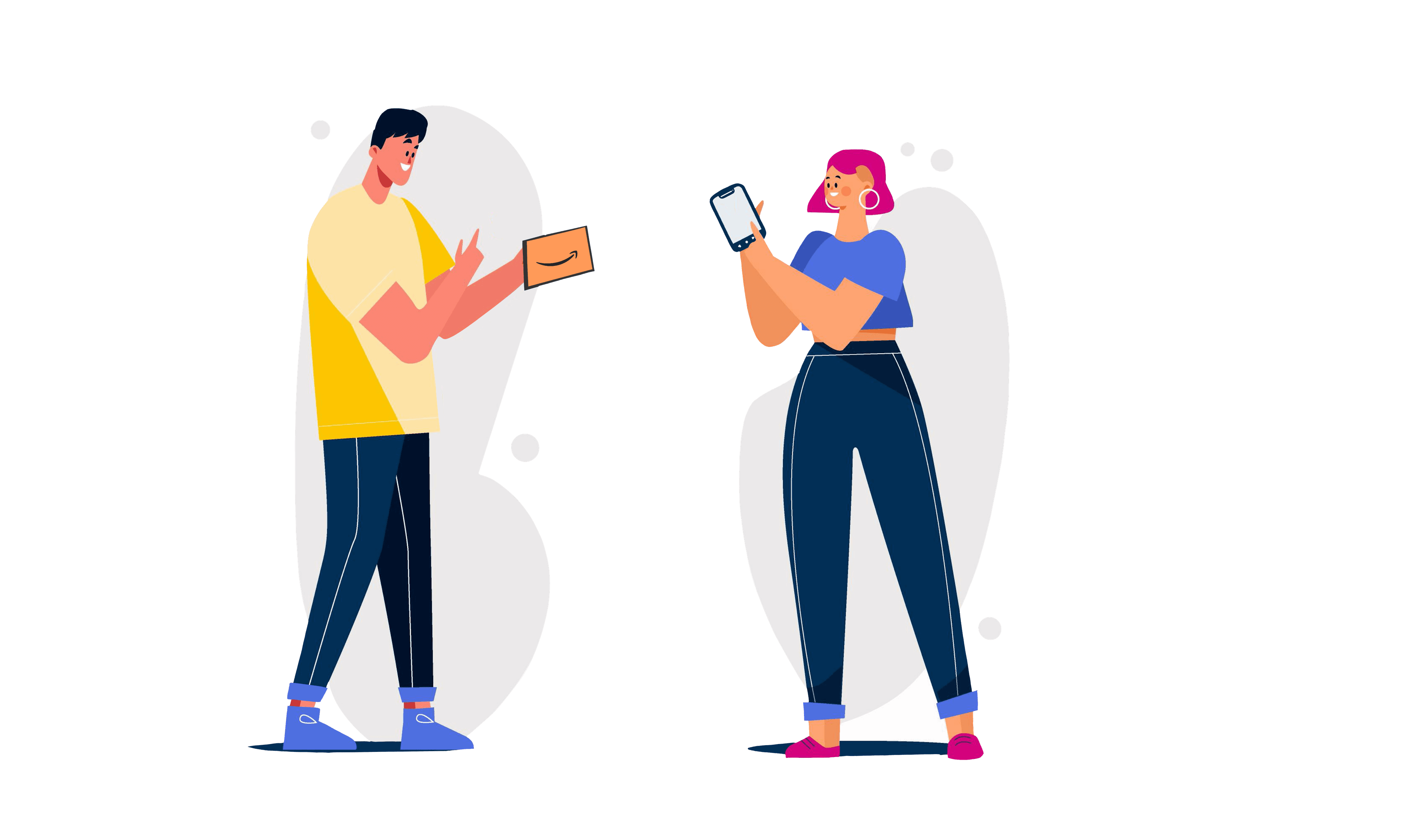 Illustration of two customers exchanging an old device through Amazon