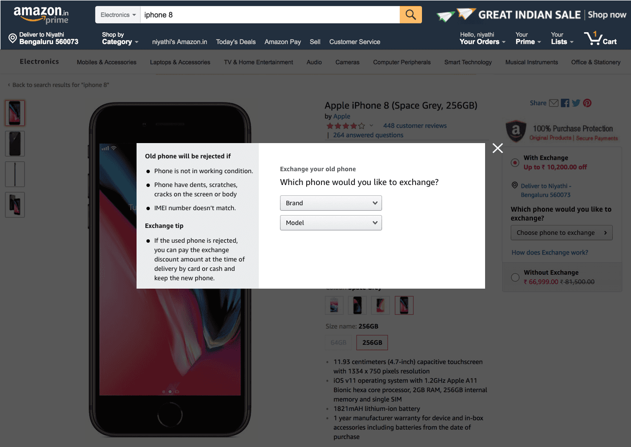 A dedicated desktop exchange modal opened from the Amazon product page