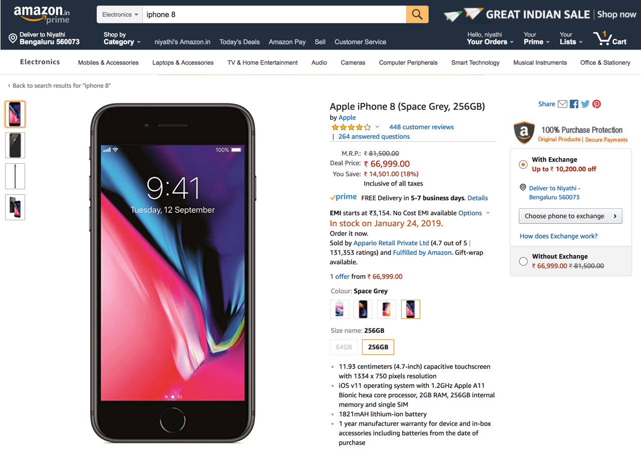 The redesigned Amazon desktop product page with a simplified exchange entry point