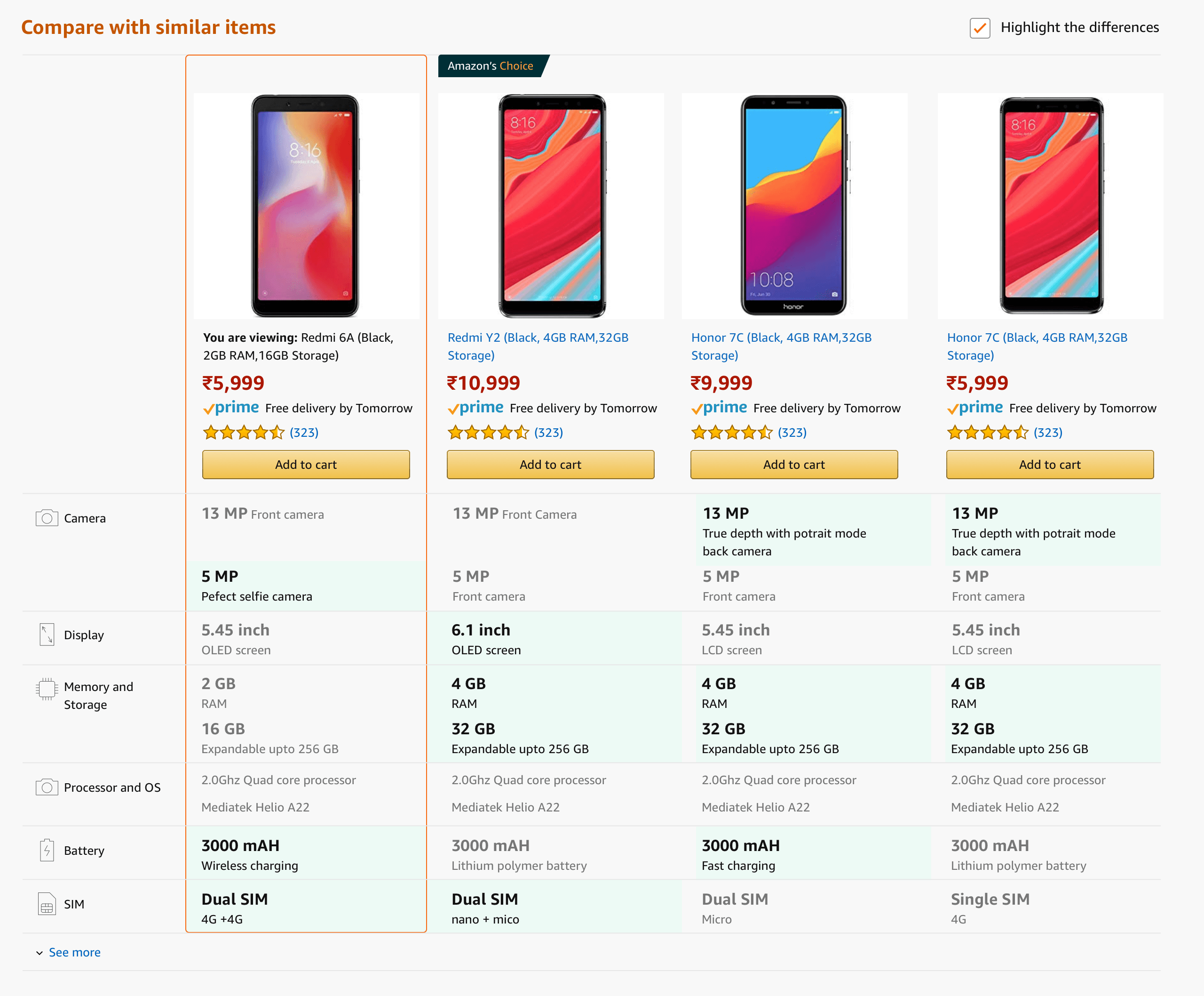 The relaunched Compare with similar items, grouped specs, the best value in each row marked, and differences highlighted