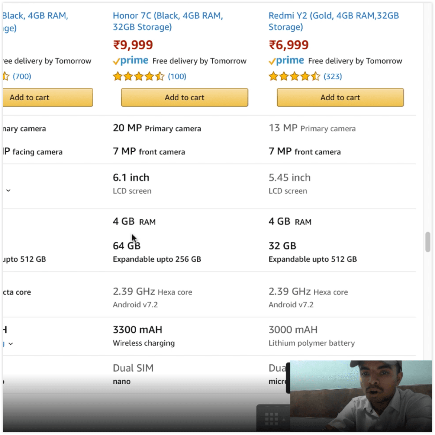 A comparison table under review during a usability test, with the participant recorded in the corner