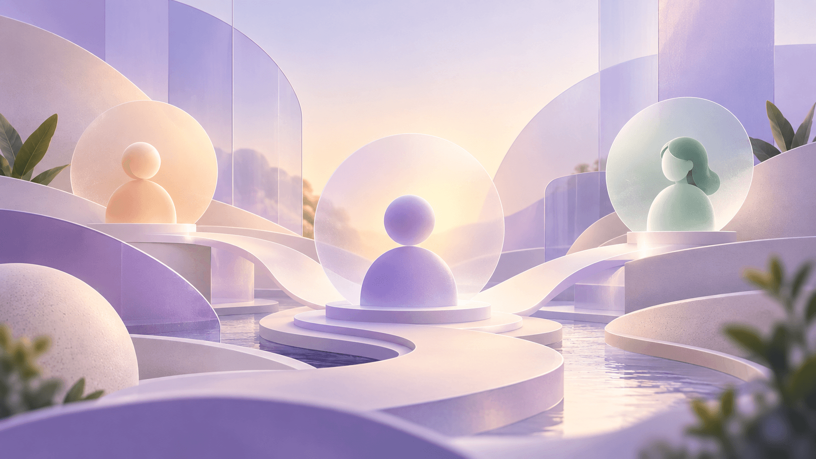 An abstract, human-centred landscape representing guided support and connection