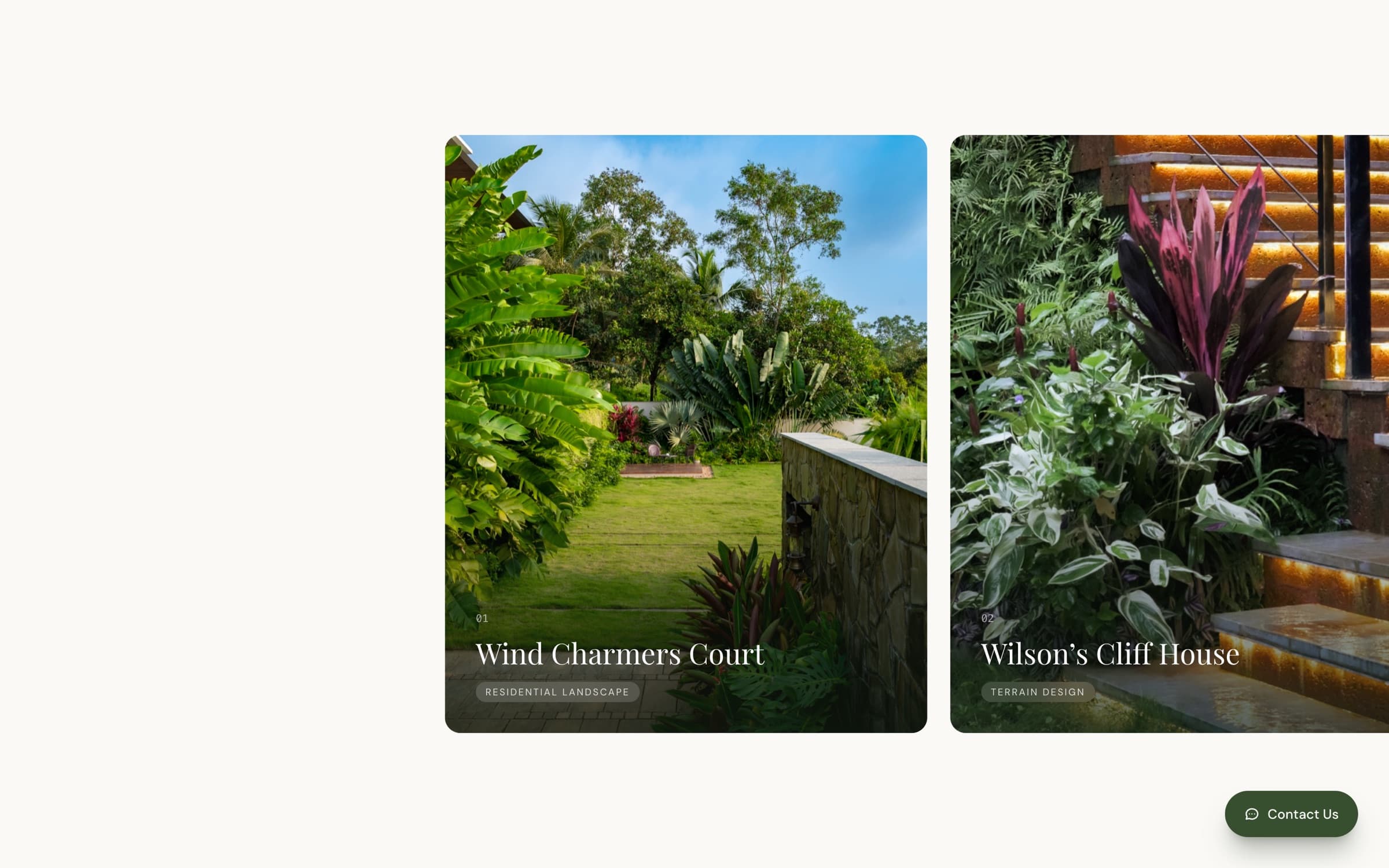 Selected work, a horizontal scroll gallery of project cards