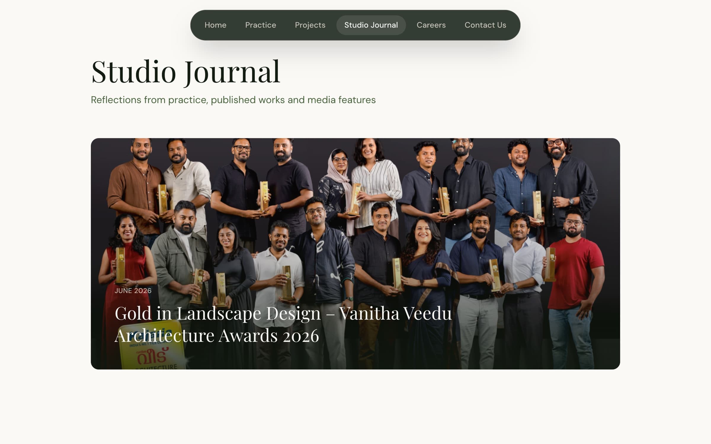 Studio journal listing with a featured article hero