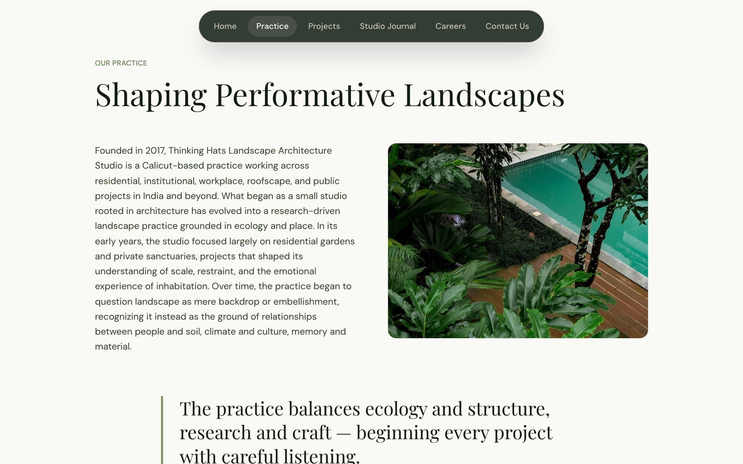 Practice page pairing an editorial serif heading with quiet body copy and a pull quote