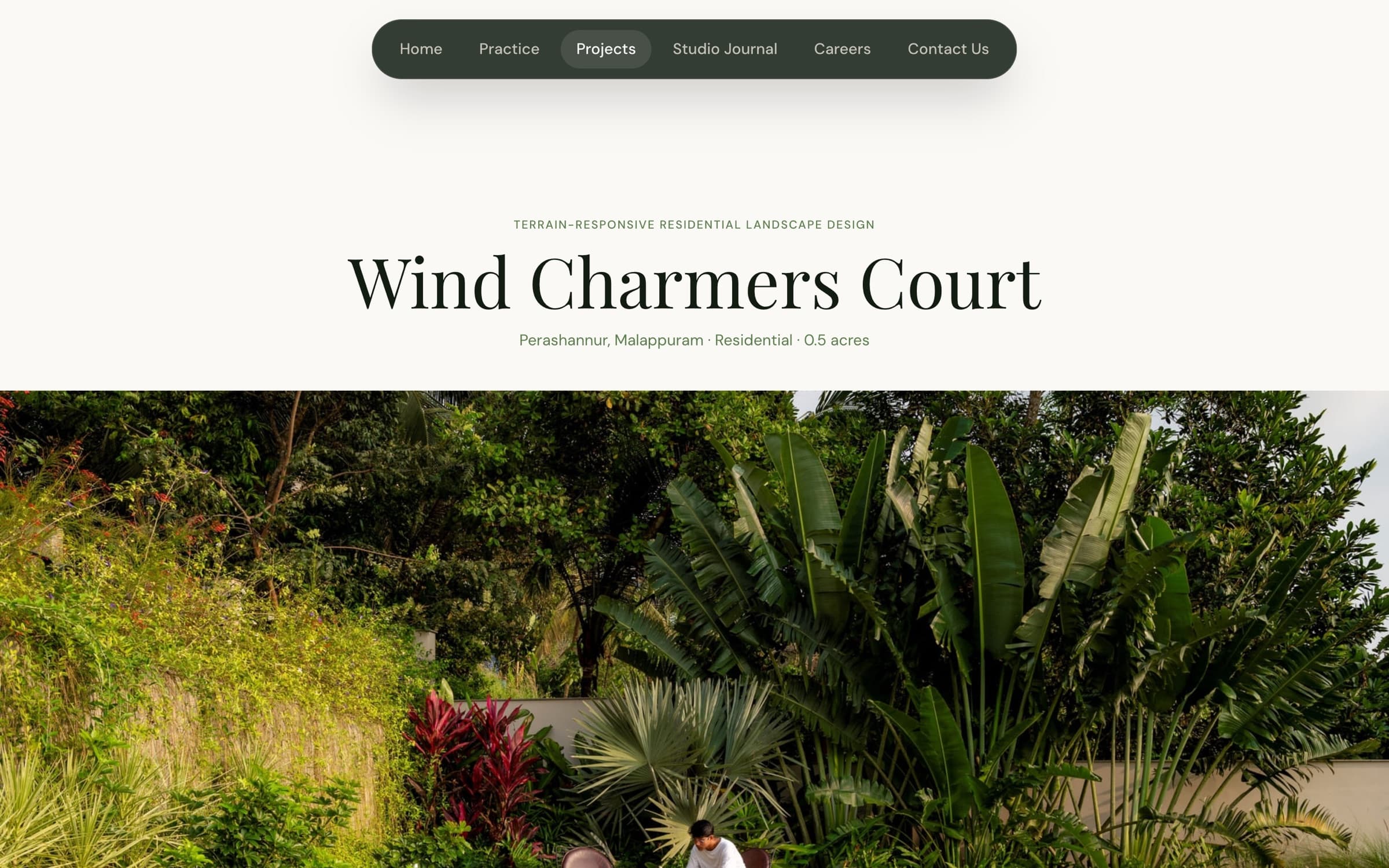 A project detail page, editorial title over full-bleed landscape photography