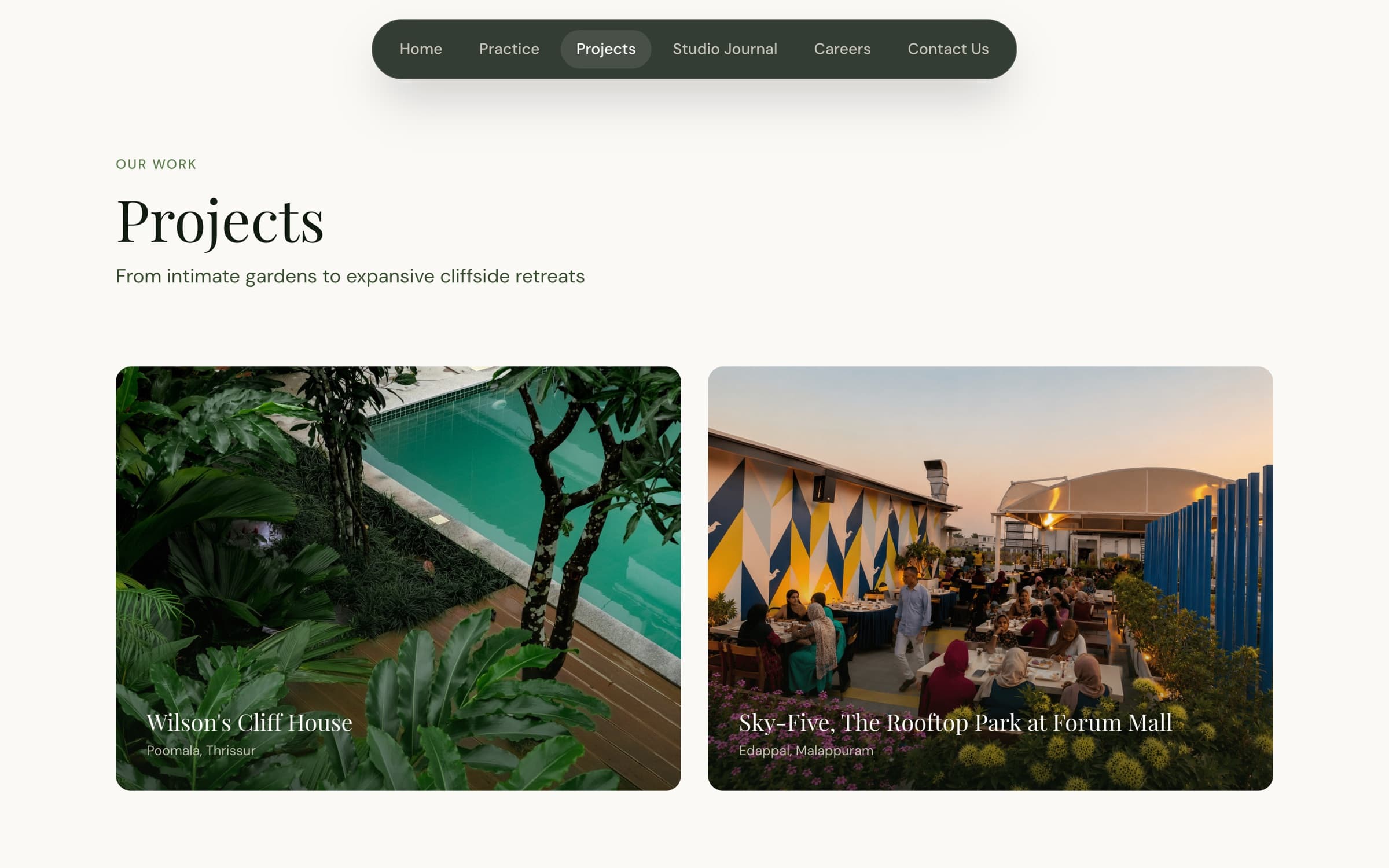 Projects listing page with a two-column gradient-overlaid grid
